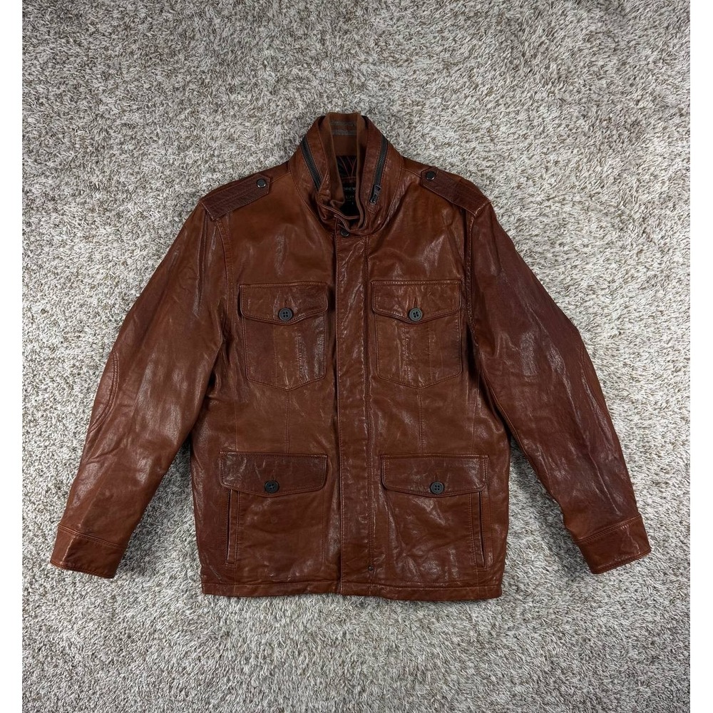 Vintage Andrew Marc Brown Leather Field Jacket Military Style Multi Pocket Large